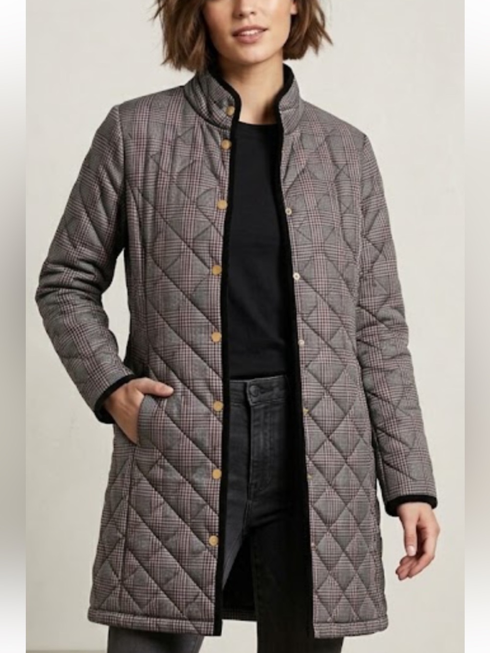 VTG Quilted Glen Plaid Long Jacket M English Countryside Classic Liz Claiborne